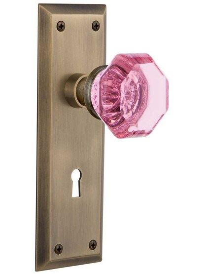 New York Mortise Lock Set with Colored Waldorf Crystal Glass Knobs Pink in Antique Brass.